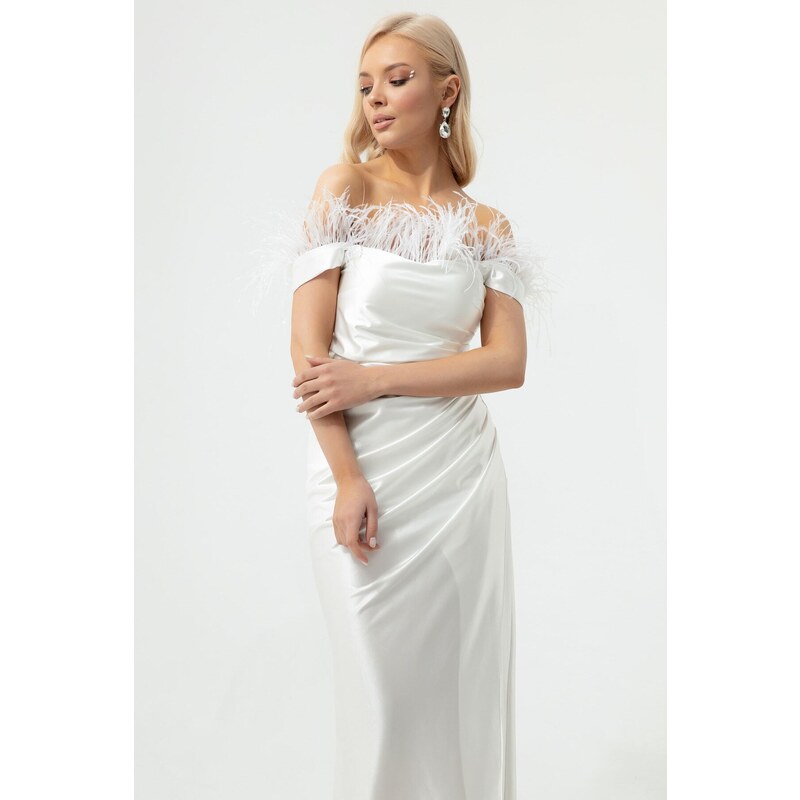 Lafaba Women's White Boat Neck Fitted Long Satin Evening Dress