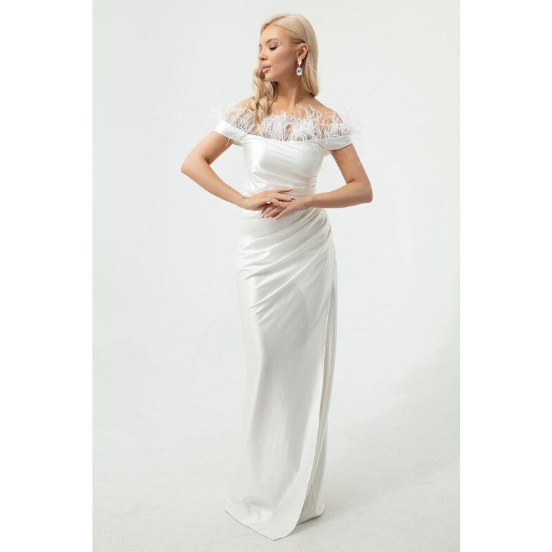 Lafaba Women's White Boat Neck Fitted Long Satin Evening Dress