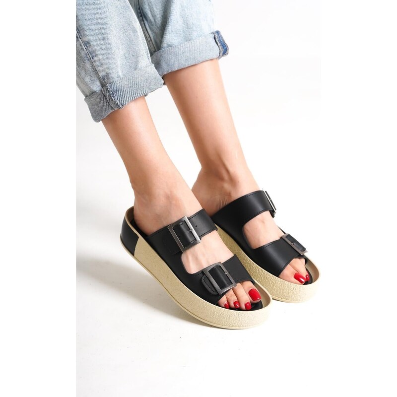 Capone Outfitters Capone Double Straps Belt with Buckle and Colorful Detailed Wedge Heel Women Black Women's Slippers.