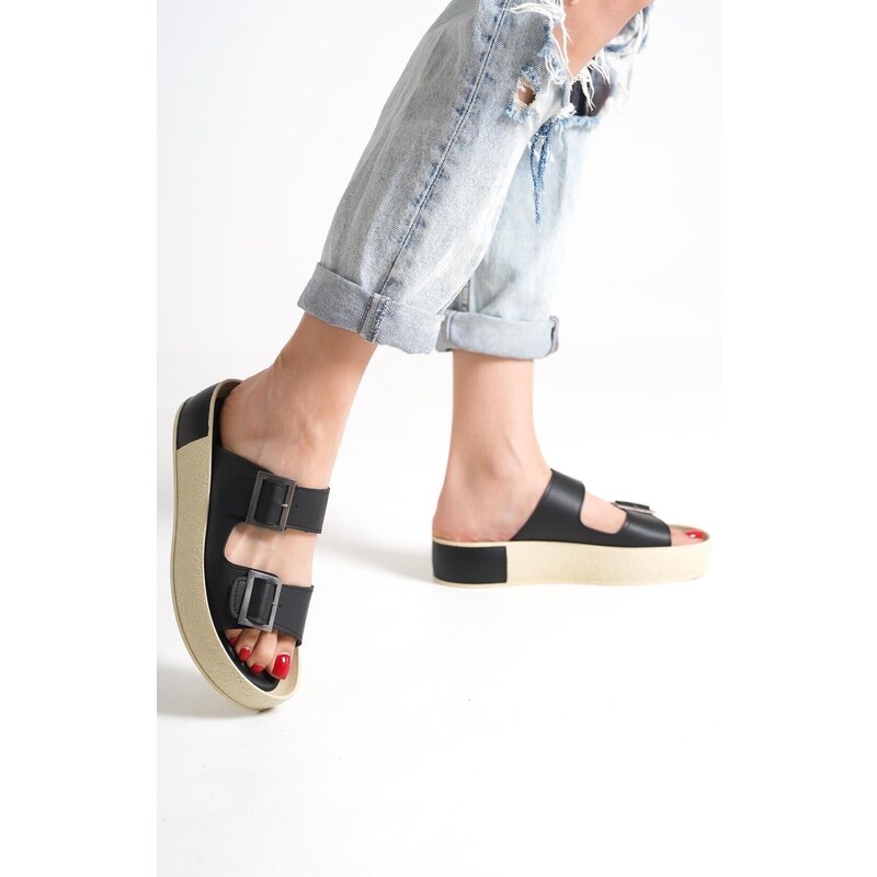 Capone Outfitters Capone Double Straps Belt with Buckle and Colorful Detailed Wedge Heel Women Black Women's Slippers.