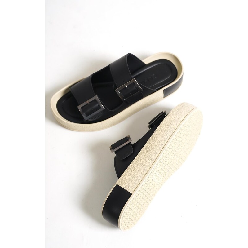 Capone Outfitters Capone Double Straps Belt with Buckle and Colorful Detailed Wedge Heel Women Black Women's Slippers.