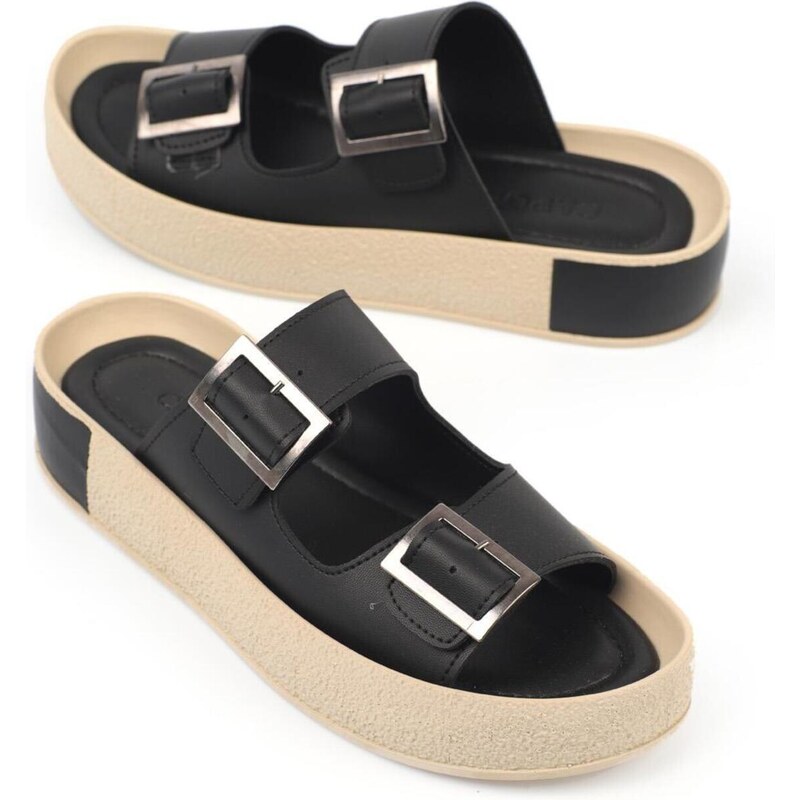 Capone Outfitters Capone Double Straps Belt with Buckle and Colorful Detailed Wedge Heel Women Black Women's Slippers.