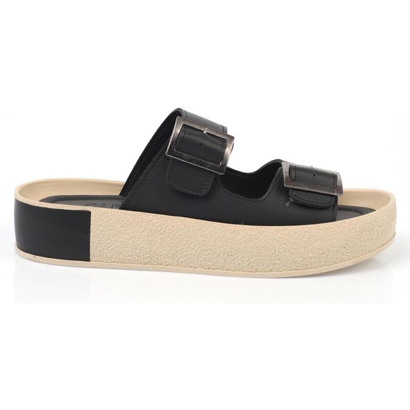 Capone Outfitters Capone Double Straps Belt with Buckle and Colorful Detailed Wedge Heel Women Black Women's Slippers.