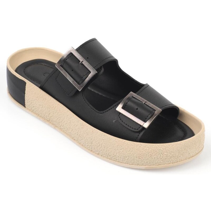 Capone Outfitters Capone Double Straps Belt with Buckle and Colorful Detailed Wedge Heel Women Black Women's Slippers.