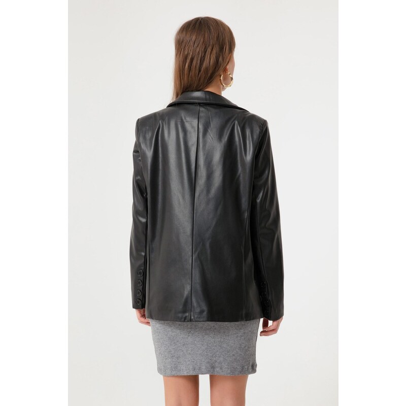 Lafaba Women's Black One-Button Faux Leather Jacket