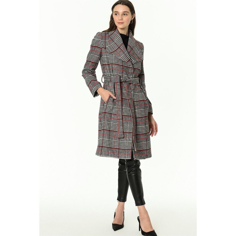 Z6638 DEWBERRY PLAID WOMEN'S COAT-BURGUNDY-BLACK