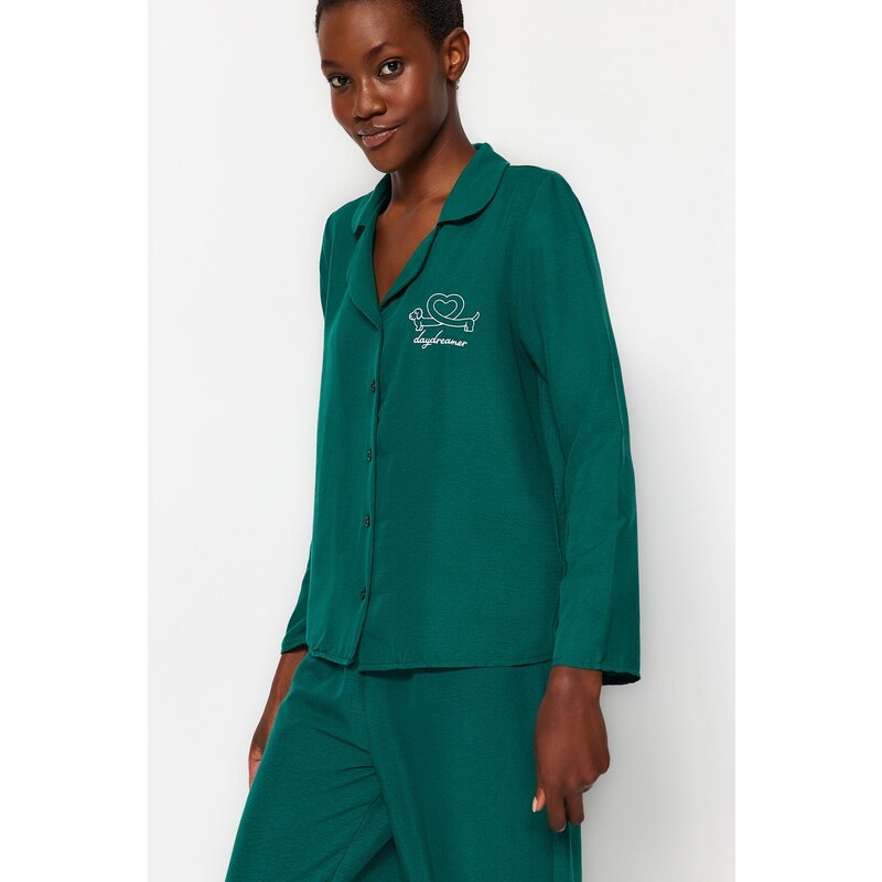 Trendyol Emerald Embroidered Shirt-Pants Woven Pajamas Set