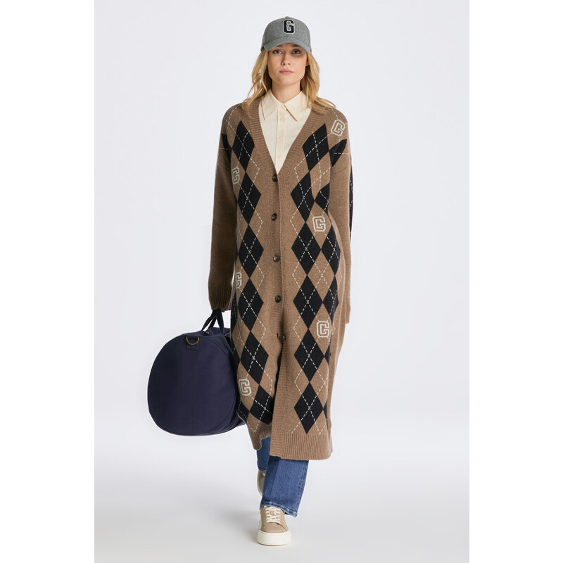 SVETR GANT ARGYLE V-NECK LONG CARDIGAN hnědá XS