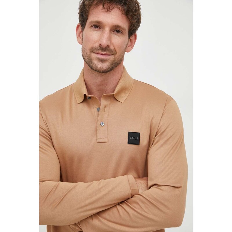 Bavlněné tričko s dlouhým rukávem BOSS béžová barva