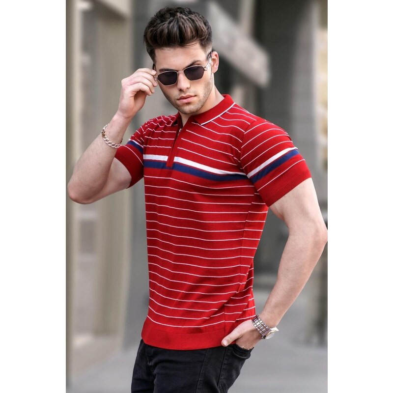 Madmext Red Striped Polo Neck T-Shirt 5734