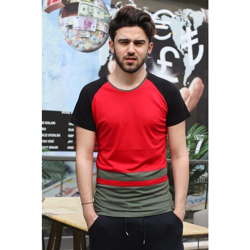 Madmext Stripe Detailed Red T-Shirt 3014