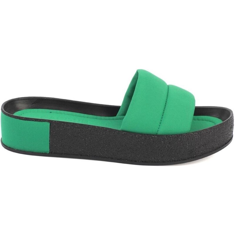 Capone Outfitters Capone Women's Quilted Strap, Colorful Detailed Wedge Heel Matte Satin Green Women's Slippers.