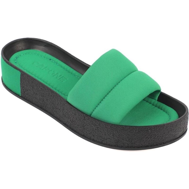 Capone Outfitters Capone Women's Quilted Strap, Colorful Detailed Wedge Heel Matte Satin Green Women's Slippers.