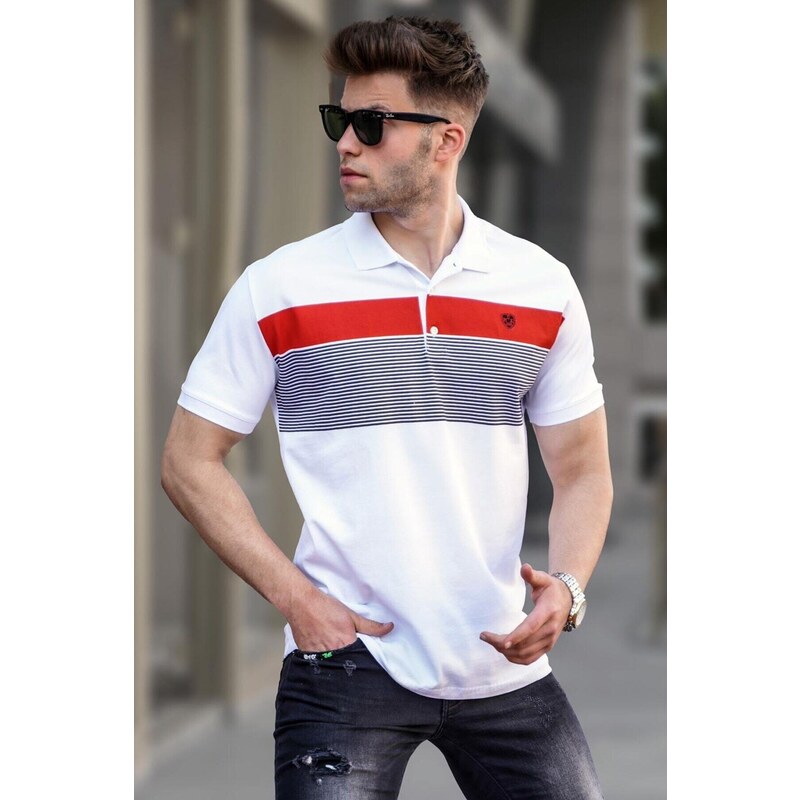 Madmext White Striped Polo Neck Men's T-Shirt 5864