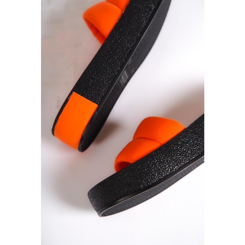 Capone Outfitters Capone Quilted Strap, Colorful Detailed Wedge Heel Matte Satin Orange Women's Slippers.