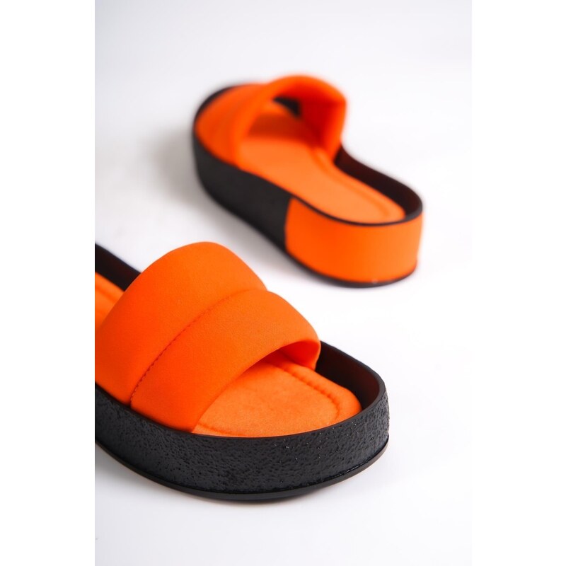 Capone Outfitters Capone Quilted Strap, Colorful Detailed Wedge Heel Matte Satin Orange Women's Slippers.