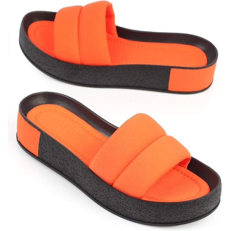 Capone Outfitters Capone Quilted Strap, Colorful Detailed Wedge Heel Matte Satin Orange Women's Slippers.