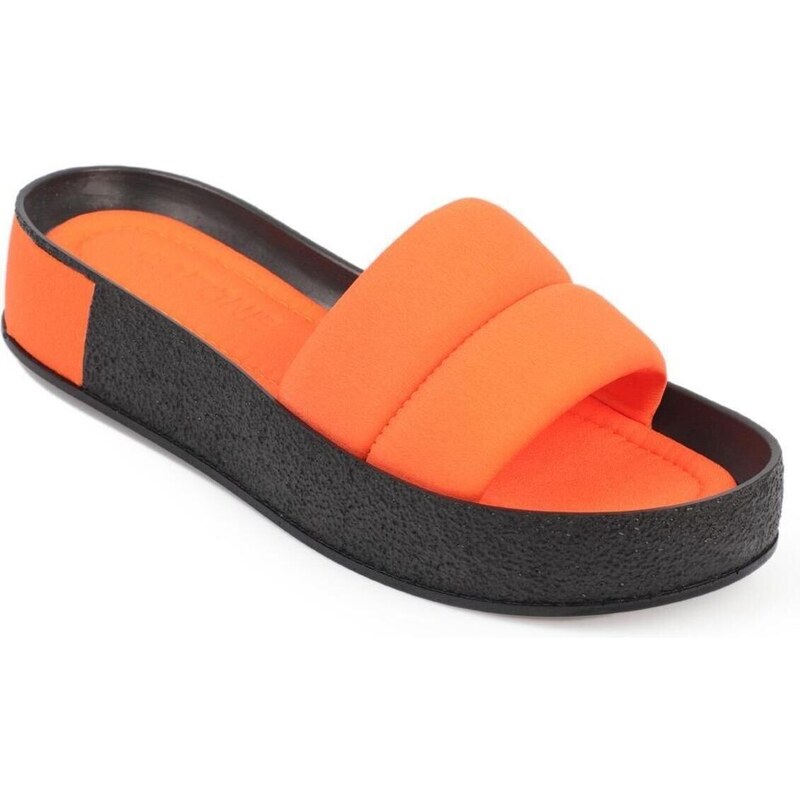 Capone Outfitters Capone Quilted Strap, Colorful Detailed Wedge Heel Matte Satin Orange Women's Slippers.