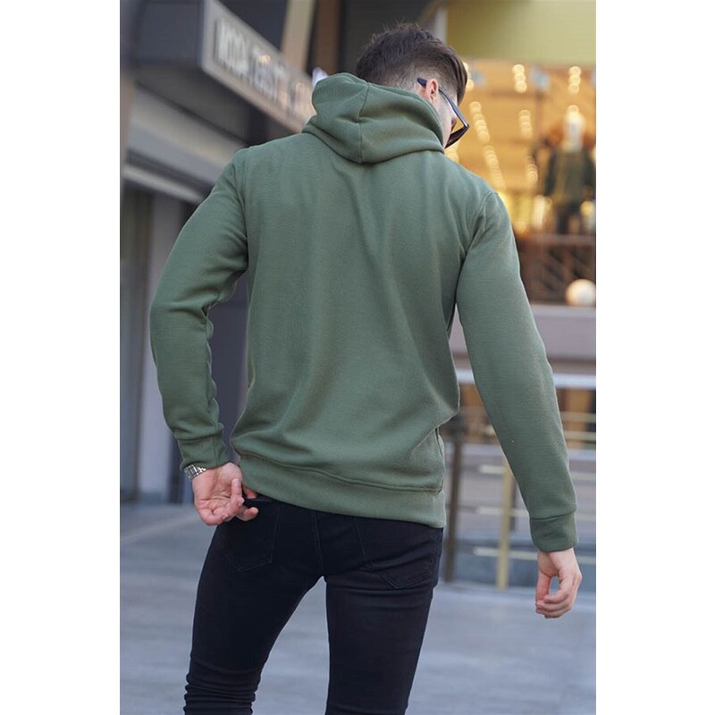 Madmext Khaki Green Basic Sweatshirt with a Hoodie 6014