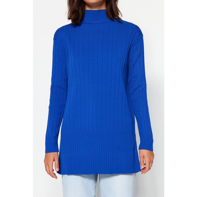 Trendyol Dark Blue Stand-Up Collar Rib Knitwear Sweater