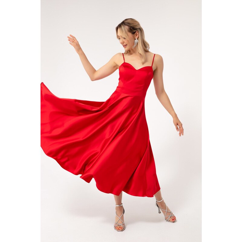 Lafaba Women's Red Thin Straps Midi Satin Evening Dress.