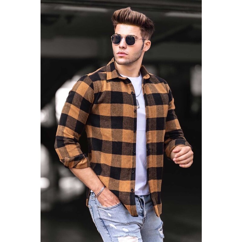 Madmext Plaid Camel Shirt 4664