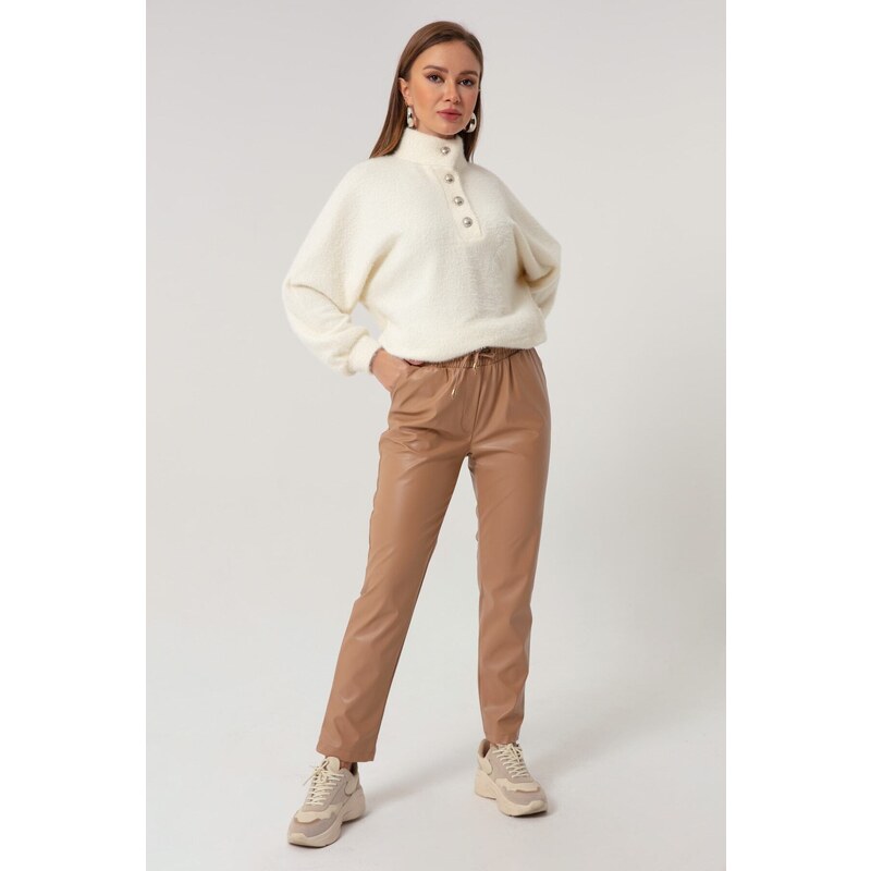 Lafaba Women's Beige Elastic Leather Pants