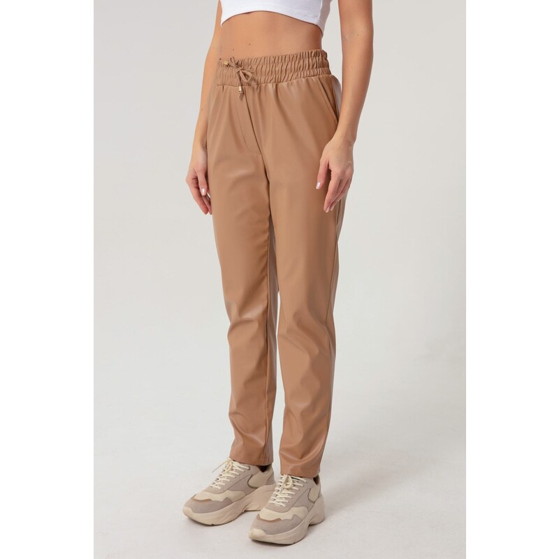 Lafaba Women's Beige Elastic Leather Pants