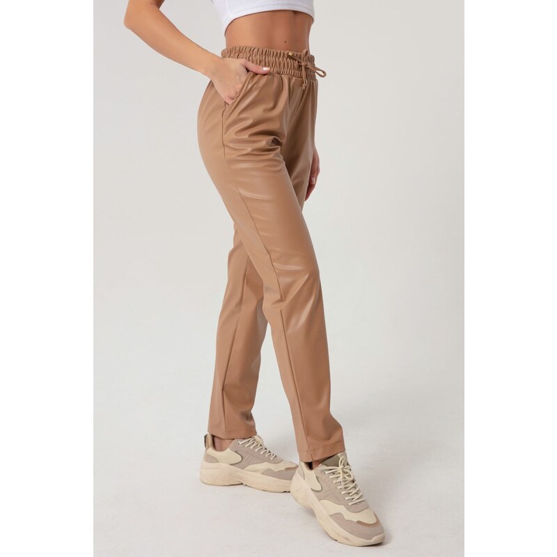 Lafaba Women's Beige Elastic Leather Pants