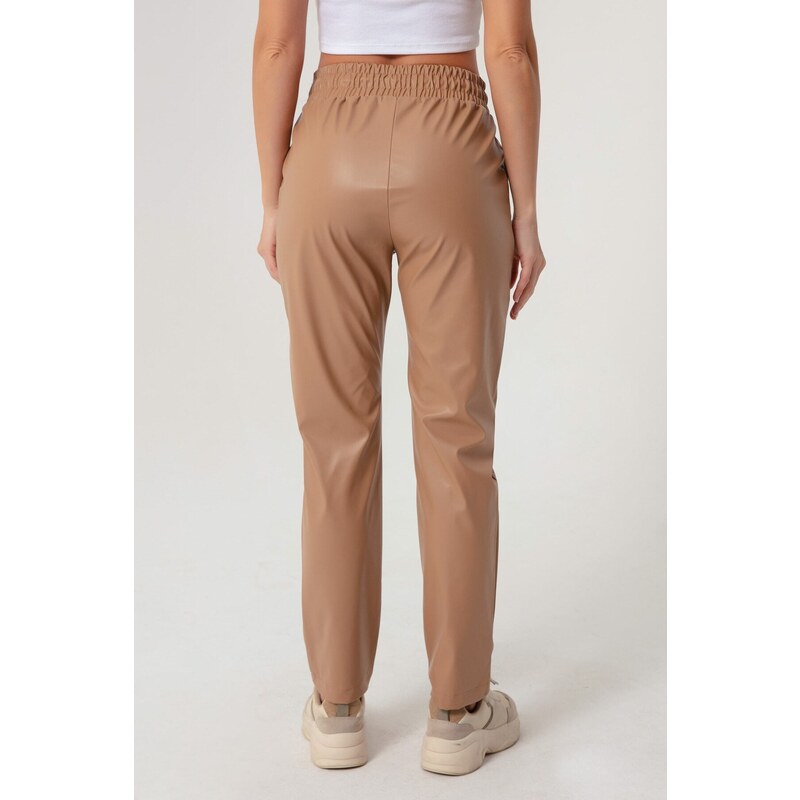 Lafaba Women's Beige Elastic Leather Pants