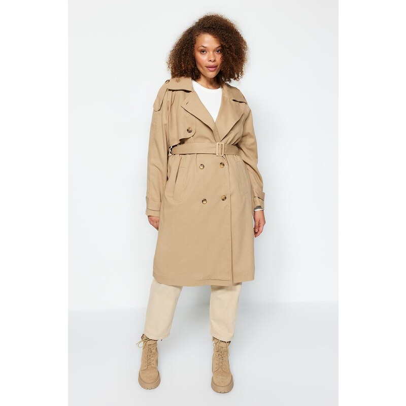 Trendyol Curve Light Khaki Belted Gabardine Trench Coat