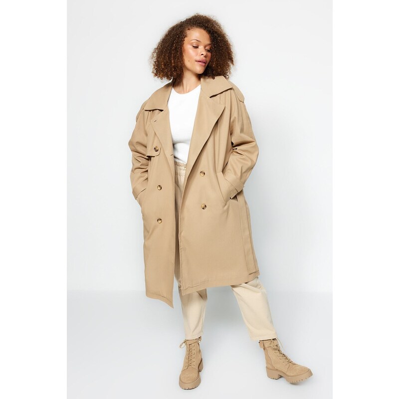 Trendyol Curve Light Khaki Waist Belted Gabardinena Trench Coat