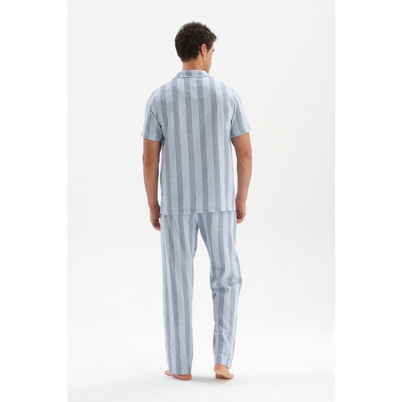 Dagi Light Blue Striped Woven Shirt Pajama Top