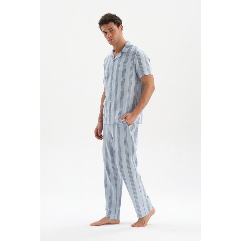 Dagi Light Blue Striped Woven Shirt Pajama Top