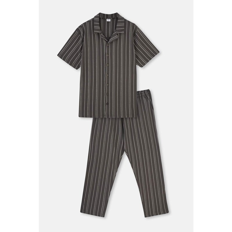 Dagi Anthracite Shirt Collar Striped Knitted Pajamas Set