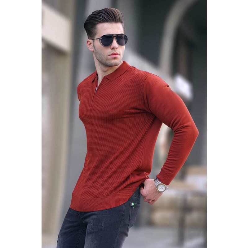 Madmext Tile Zipper Polo Neck Knitwear Men's Sweater 5974