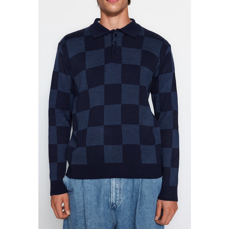 Trendyol Men's Navy Blue-Indigo Regular Fit Checkered Polo Neck Knitwear Sweater