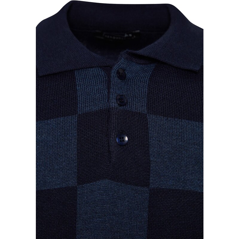 Trendyol Men's Navy Blue-Indigo Regular Fit Checkered Polo Neck Knitwear Sweater