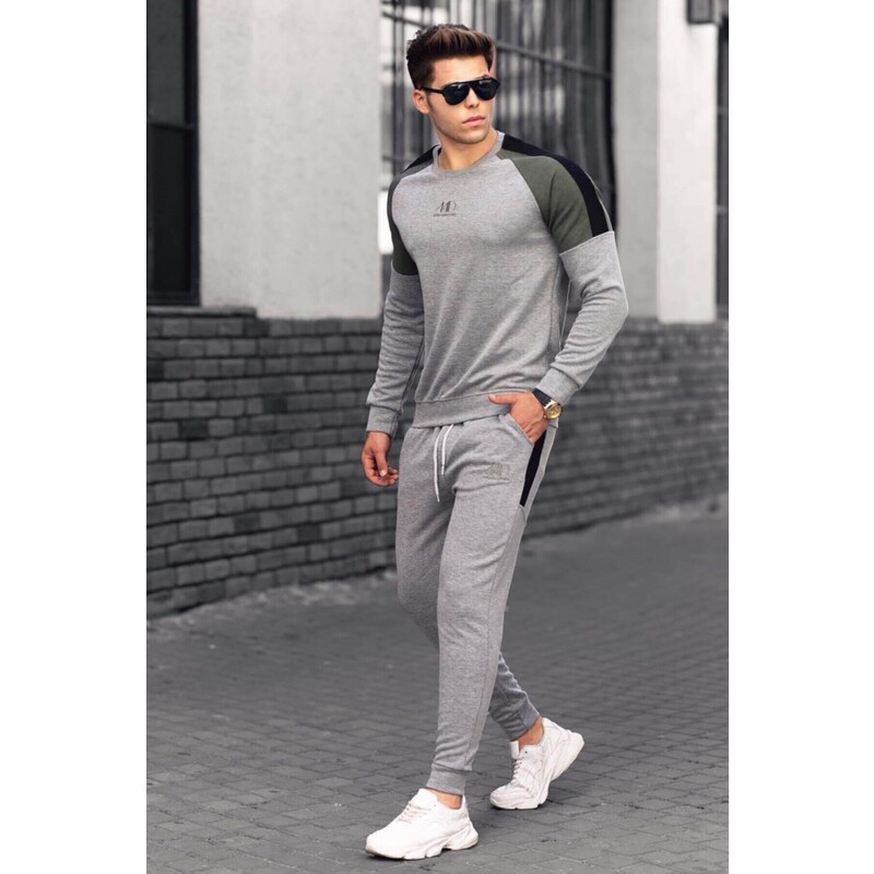 Madmext Gray Men's Tracksuit With Striped Shoulders 4670