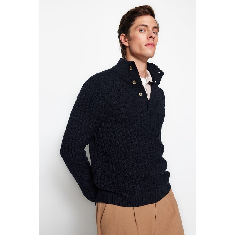 Trendyol Navy Blue Men's Slim Fit Half Turtleneck Buttoned Knitwear Sweater