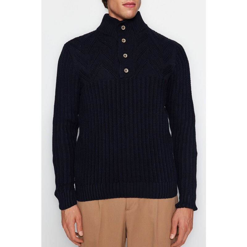 Trendyol Navy Blue Men's Slim Fit Half Turtleneck Buttoned Knitwear Sweater