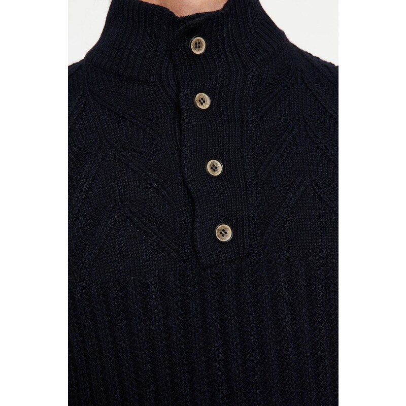 Trendyol Navy Blue Men's Slim Fit Half Turtleneck Buttoned Knitwear Sweater