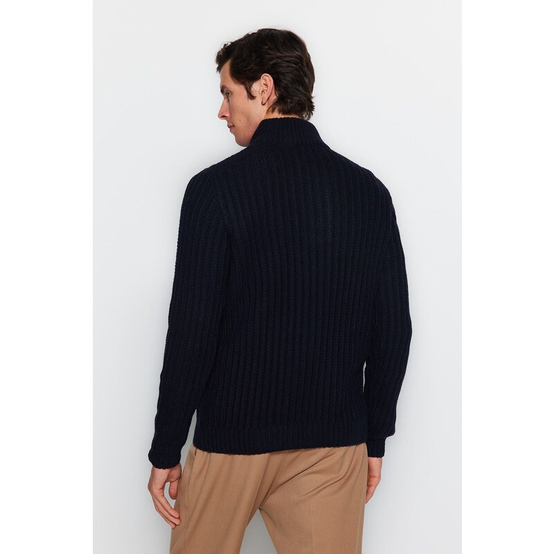 Trendyol Navy Blue Men's Slim Fit Half Turtleneck Buttoned Knitwear Sweater