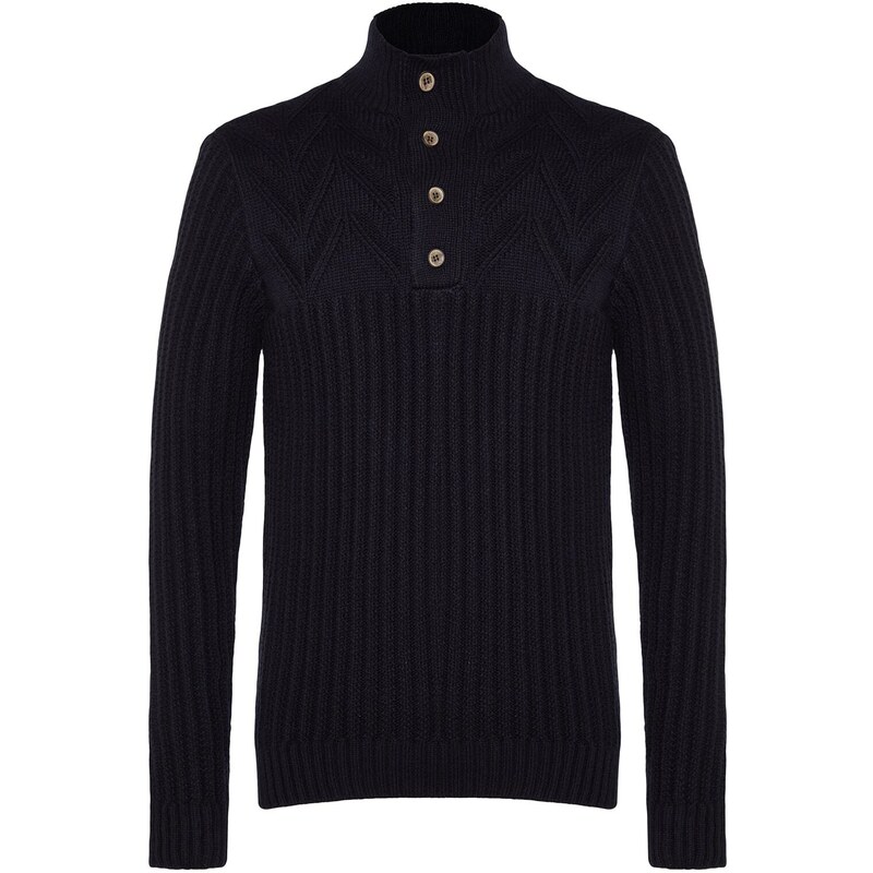 Trendyol Navy Blue Men's Slim Fit Half Turtleneck Buttoned Knitwear Sweater