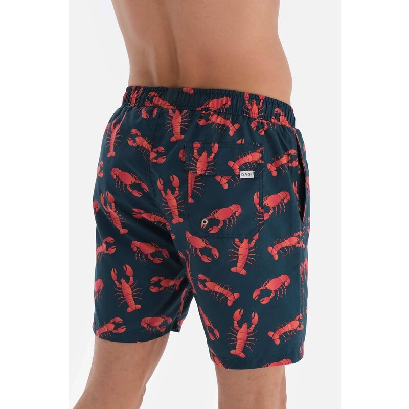 Dagi Navy Blue-Orange Lobster Pattern Mid Sea Shorts