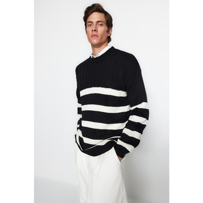 Trendyol Black Unisex Oversize Fit Wide Fit Hair Knit Striped Anti-Pilling Knitwear Sweater