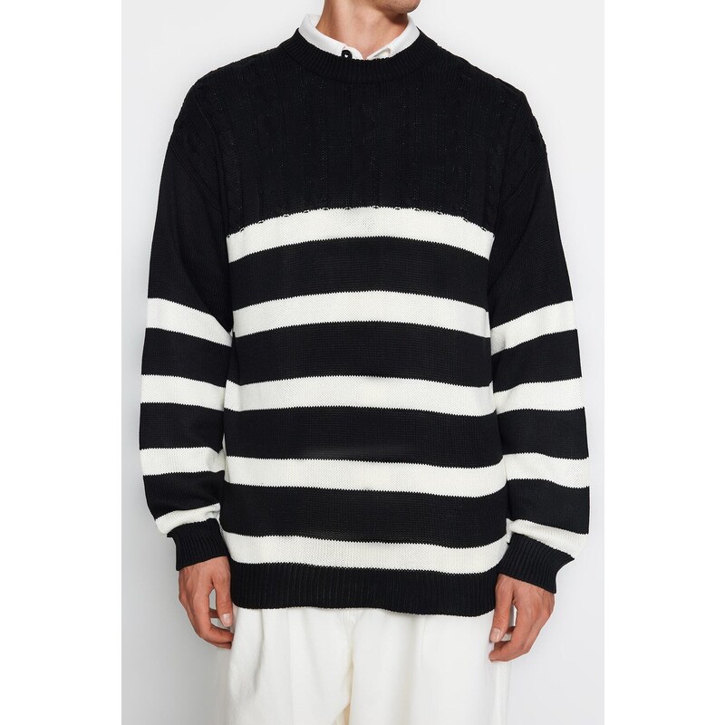 Trendyol Black Unisex Oversize Fit Wide Fit Hair Knit Striped Anti-Pilling Knitwear Sweater