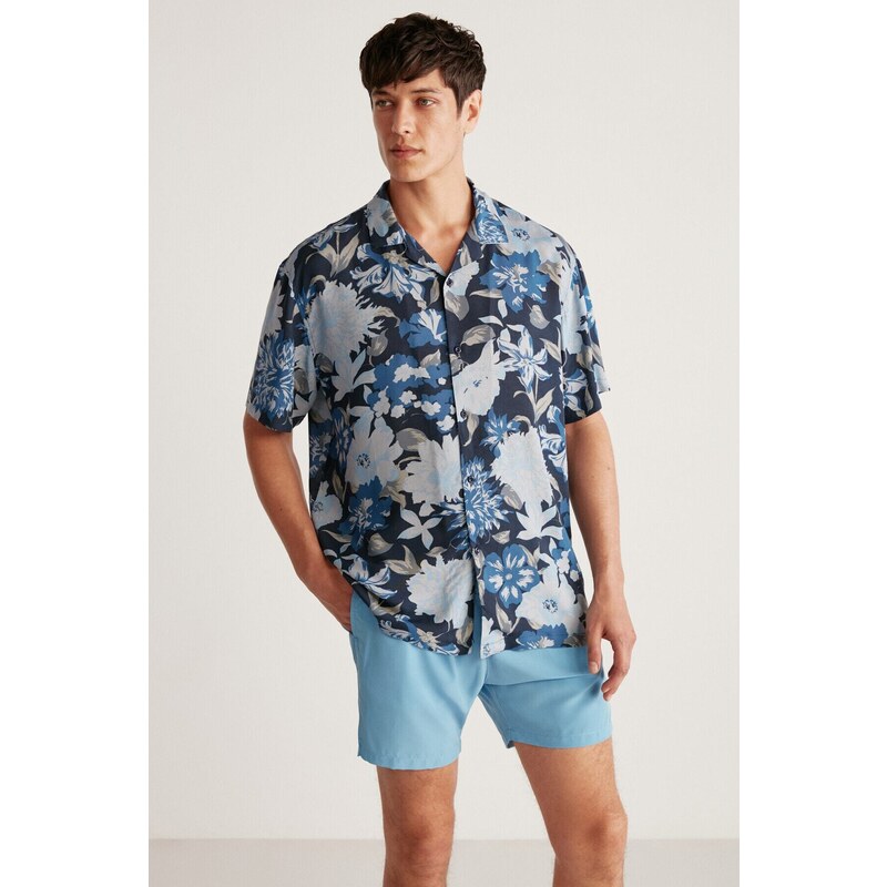 GRIMELANGE Paros Men's Patterned Flowy Thin Pillow Fabric Summer Multi Color Shirt