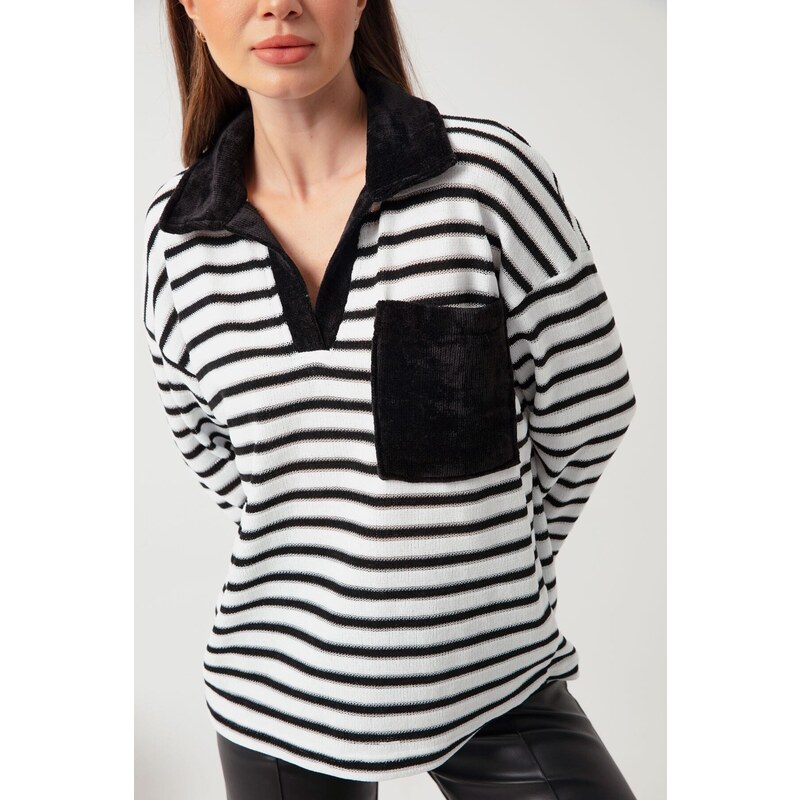 Lafaba Women's Black Shirt Collar Striped Blouse