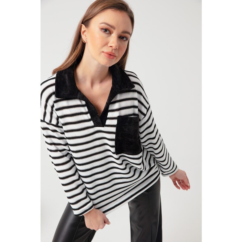 Lafaba Women's Black Shirt Collar Striped Blouse